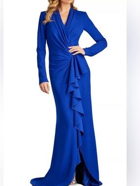 Tadashi Shoji Cobalt Blue Long Sleeve Ruffle Gown